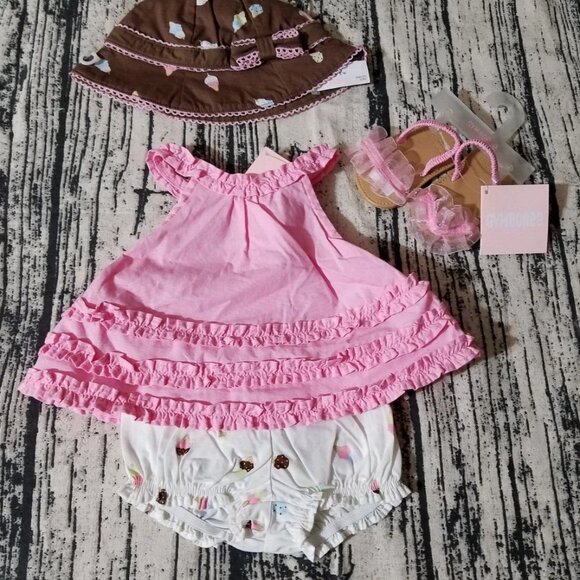 Gymboree Ice Cream Shop Refresher 0-3 Month Hat Diaper Cover Shirt Shoes Set NWT - Picture 3 of 6